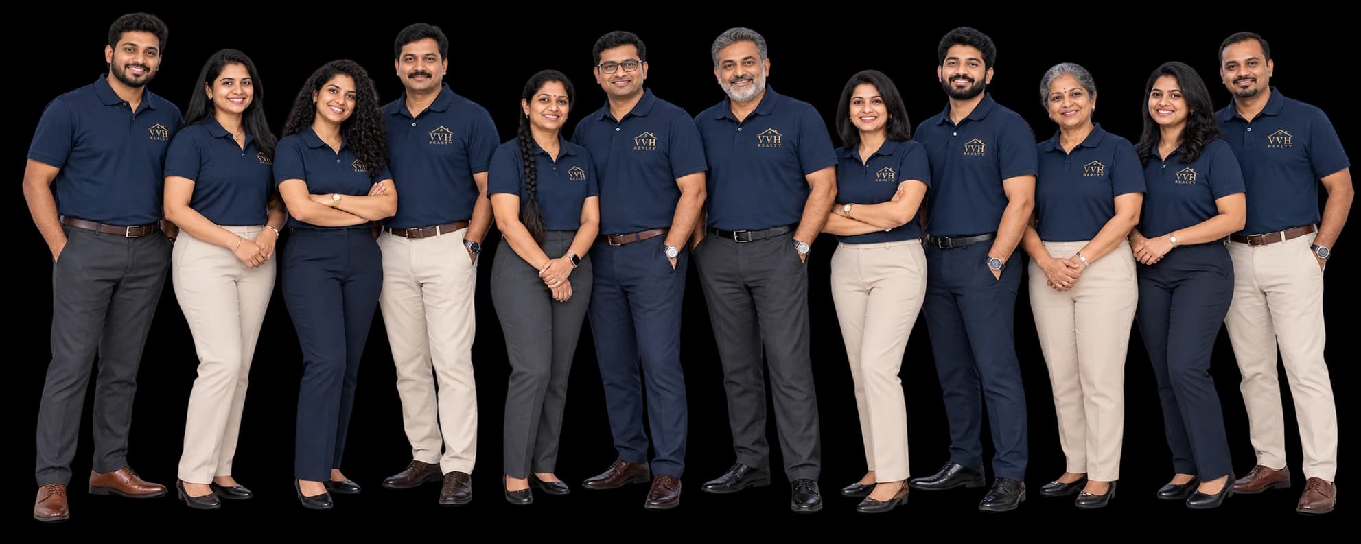 Illustrative group of twelve South Indian VVH Realty professionals in branded blue polos, smart trousers and coordinated shoes